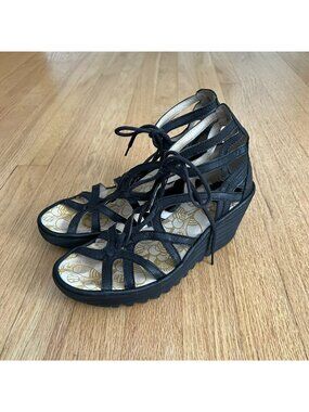 Fly London Yuke Black Strappy Lace Up Wedge Sandals Women's Size 39 US 8-8.5
